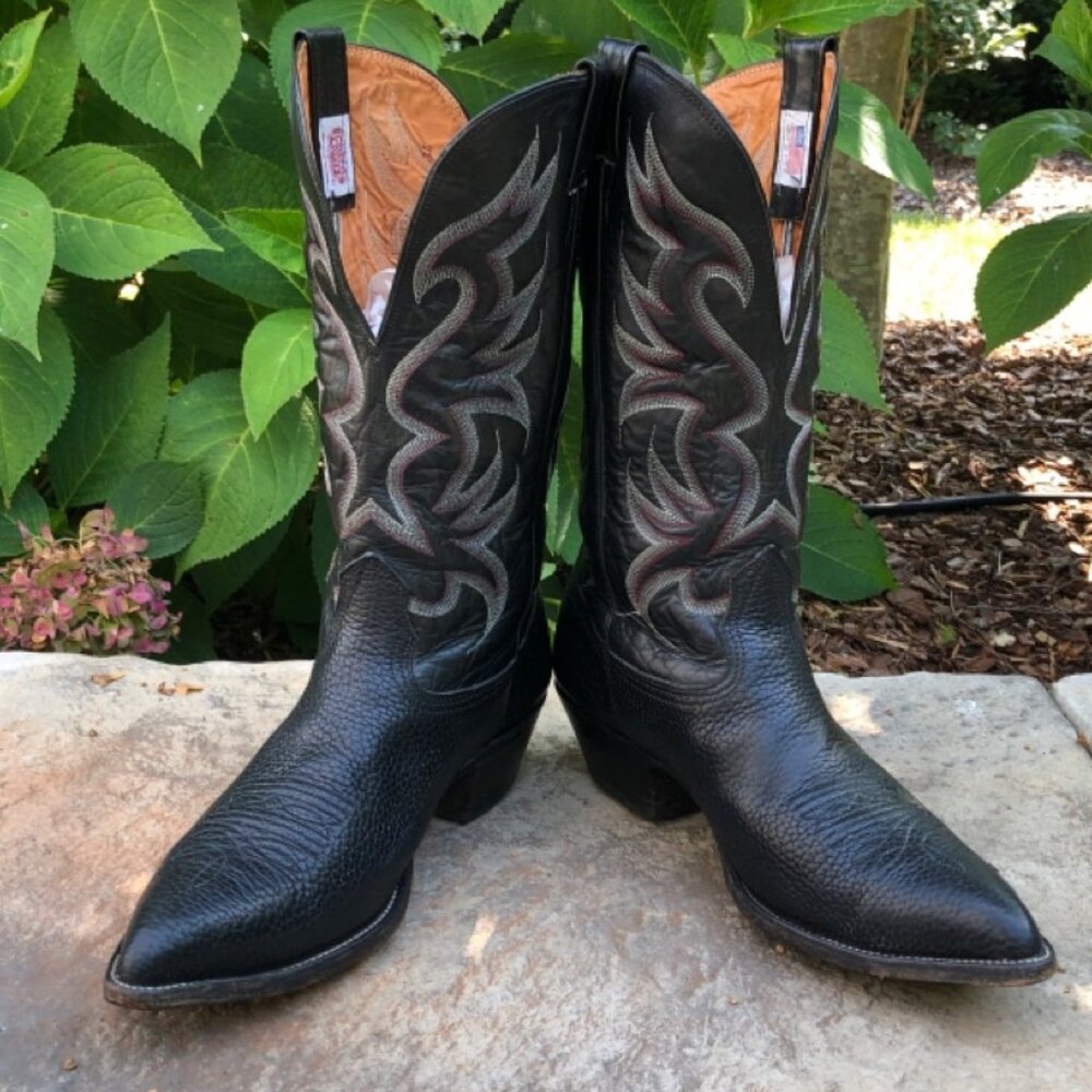 Nocona Black Leather Western Cowboy Boots with Brown/Gray Stitching